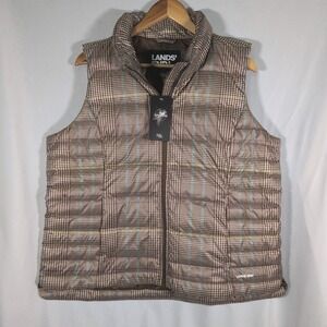 Lands End Vest Women XL P Beige Plaid Fill Down Feather Puffer Jacket Tartan